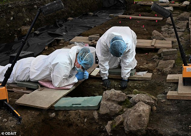 Investigators at Ireland's infamous mother and baby house of horrors have made a grim new discovery, unearthing the remains or another 22 infants at the site where up to 800 corpses are feared to lie (Forensic officers working at the site)