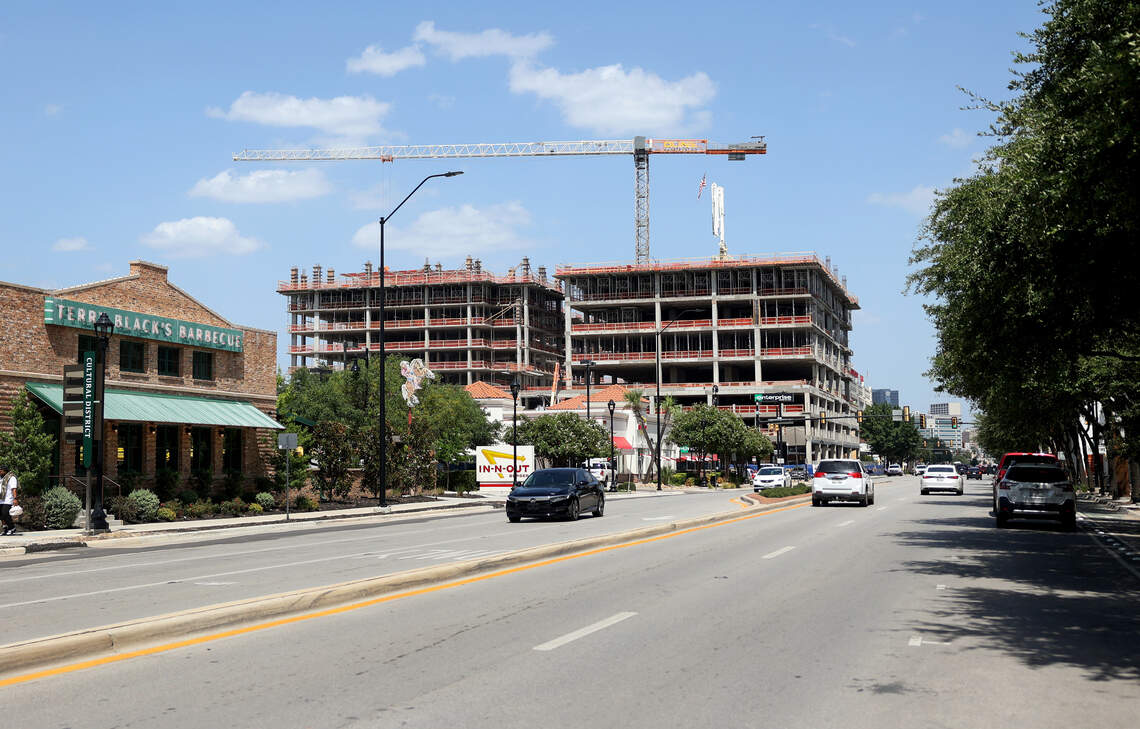 Goldenrod’s Van Zandt development rises above West Seventh Street. The building is expected to contain 102,000 square feet of state-of-the-art office space, along with 226 apartments, and 11,000 square feet of ground floor shop and restaurant space.