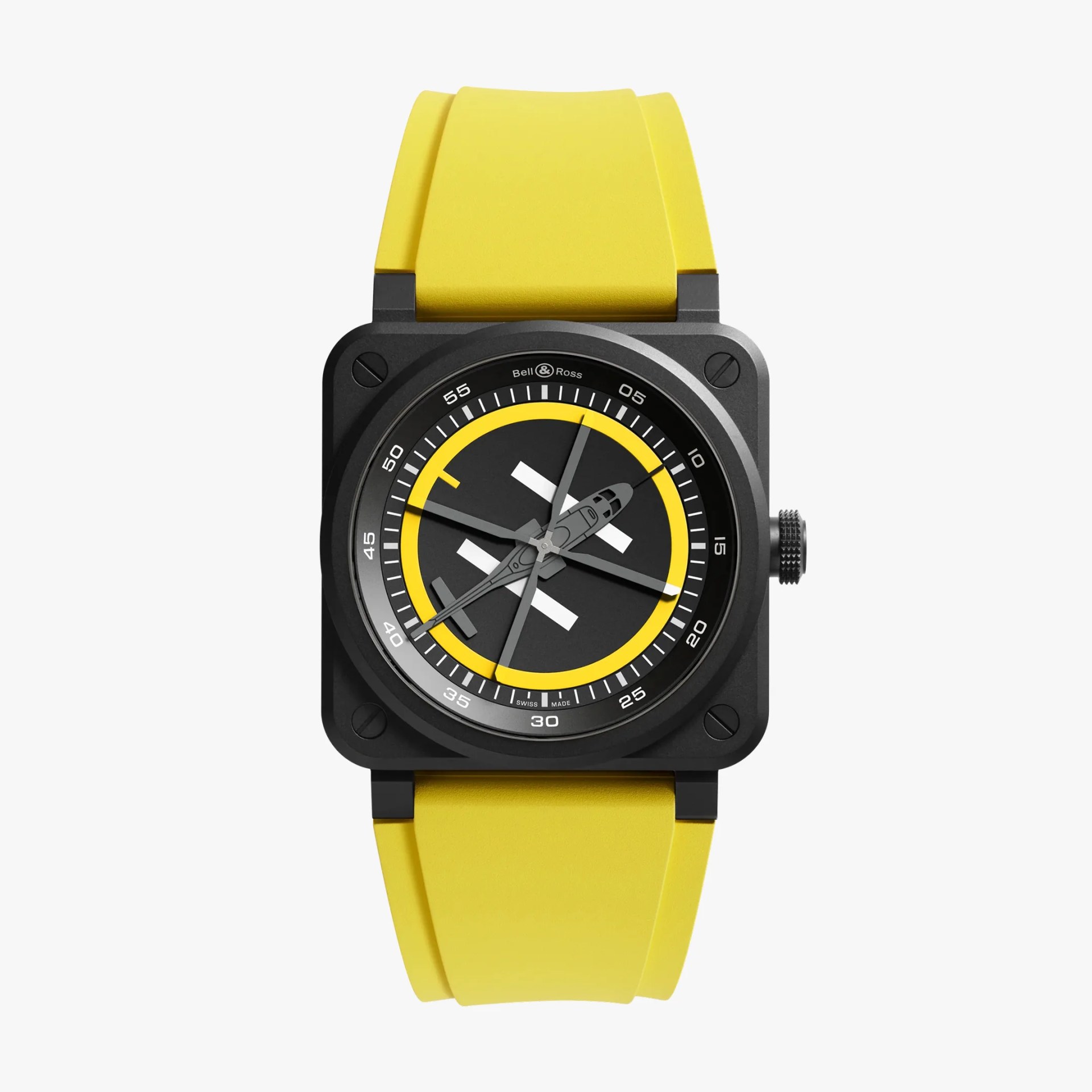 Square black Bell & Ross wristwatch with yellow rubber strap and black dial featuring white and yellow accents.