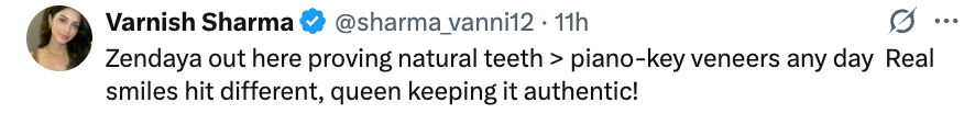 Tweet praising Zendaya for her natural teeth over veneers, emphasizing authenticity in smiles