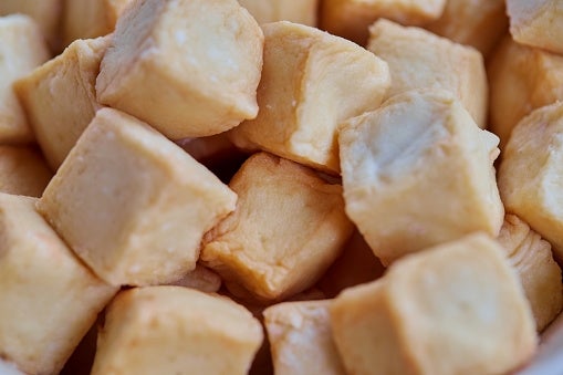 Close-up of a pile of tofu cubes