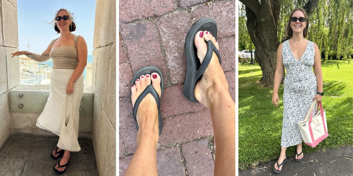 Three-panel collage shows a person modeling black platform flip-flops with summer dresses outdoors and on brick pavement.