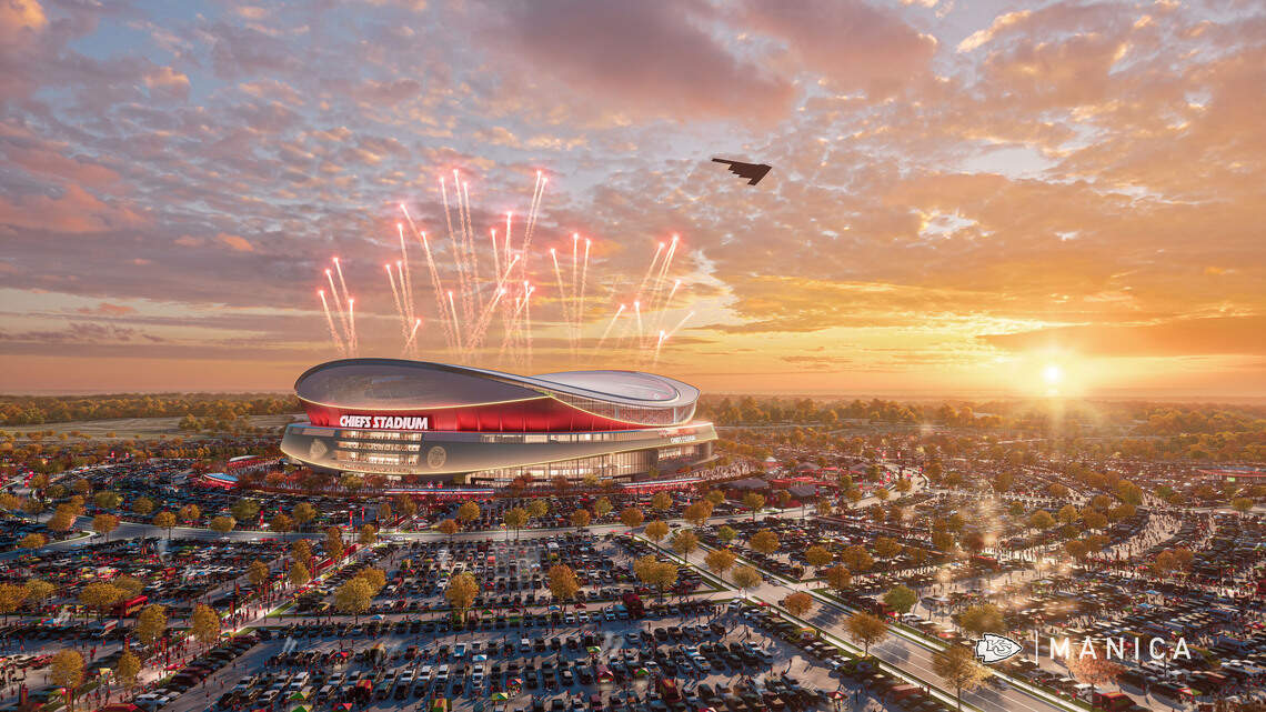 This rendering provided by the Kansas City Chiefs shows an exterior view of the KC NFL team’s proposed new stadium in Kansas City, Kansas.