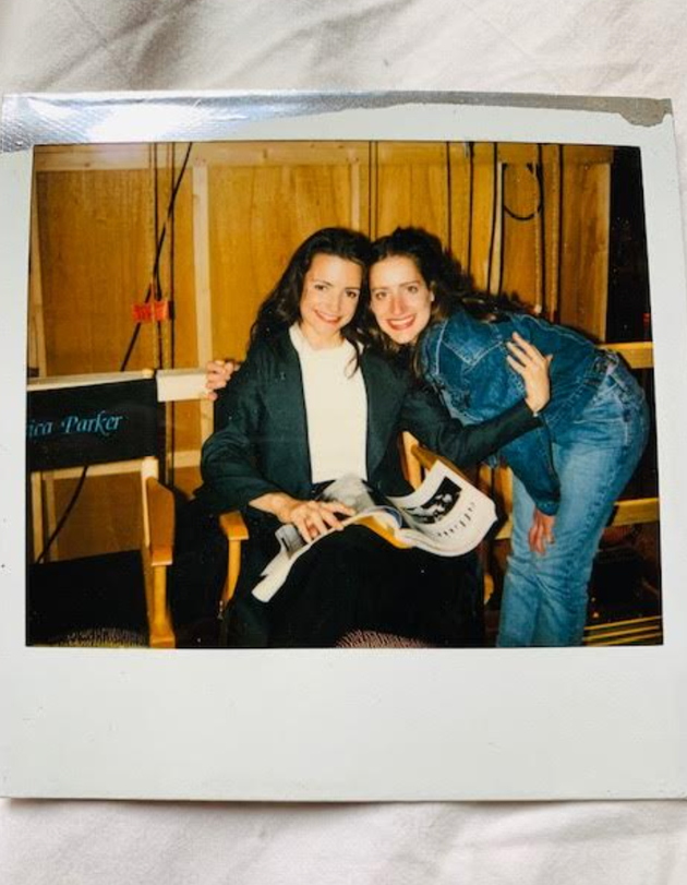 The author (right) and Kristin Davis at Silvercup Studios in Queens while filming