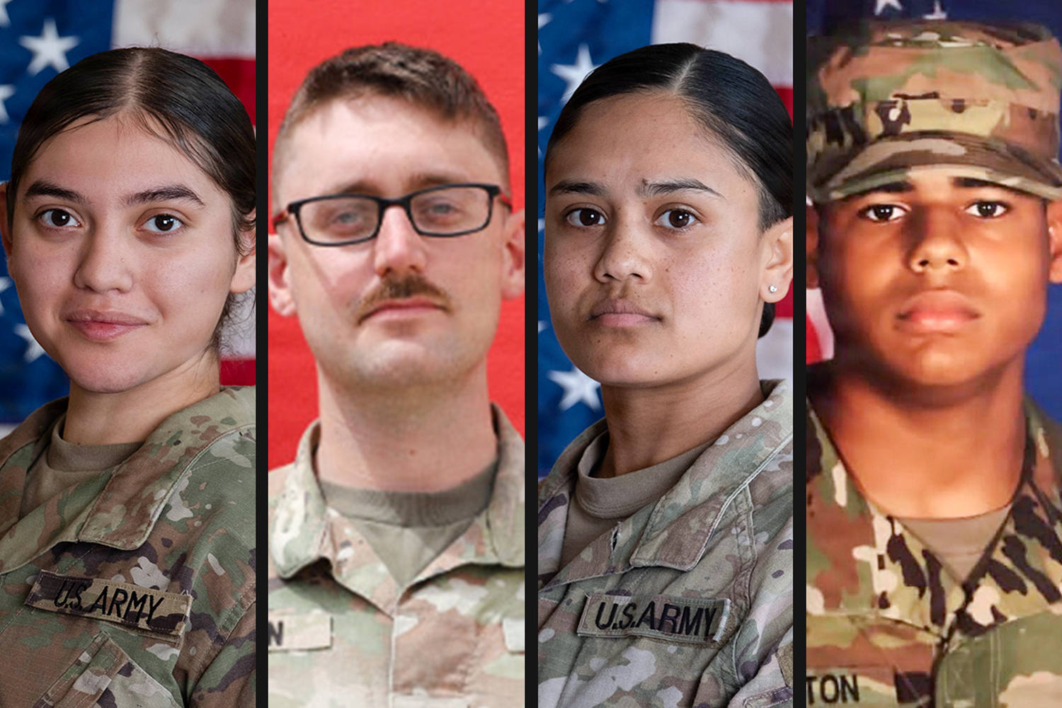 A split composite image of four army member portraits in camouflage uniform, from left, Isabella Gonzales, Tyler James Feehan, Angel Rampersad, and Michael Emmanuel Swinton (DVIDS)
