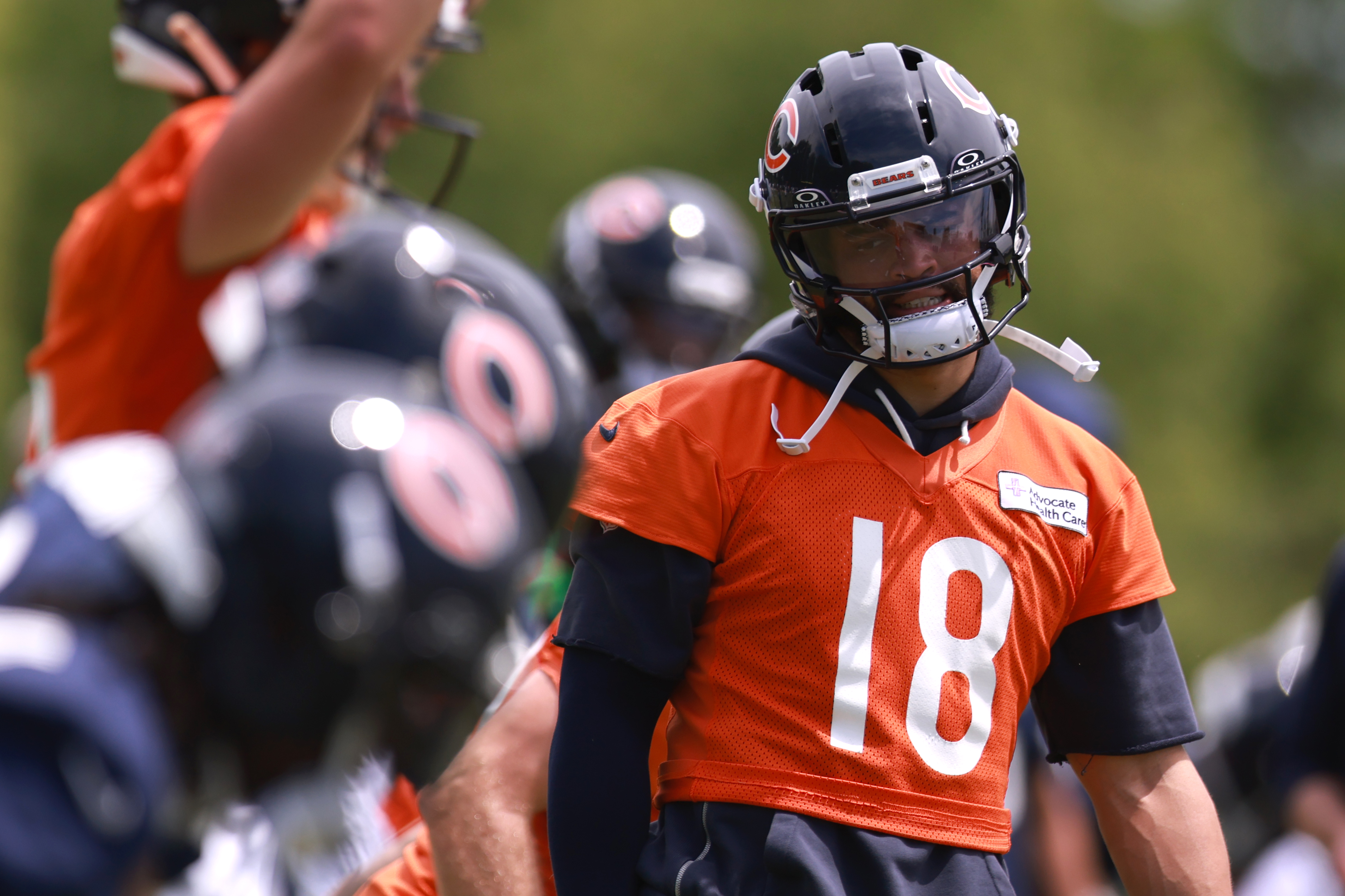 LAKE FOREST, ILLINOIS - JUNE 3: Caleb Williams #18 of the Chicago Bears looks on during a Chicago Bears OTA Offseason Workout at Halas Hall on June 3, 2026 in Lake Forest, Illinois. (Photo by Geoff Stellfox/Getty Images)