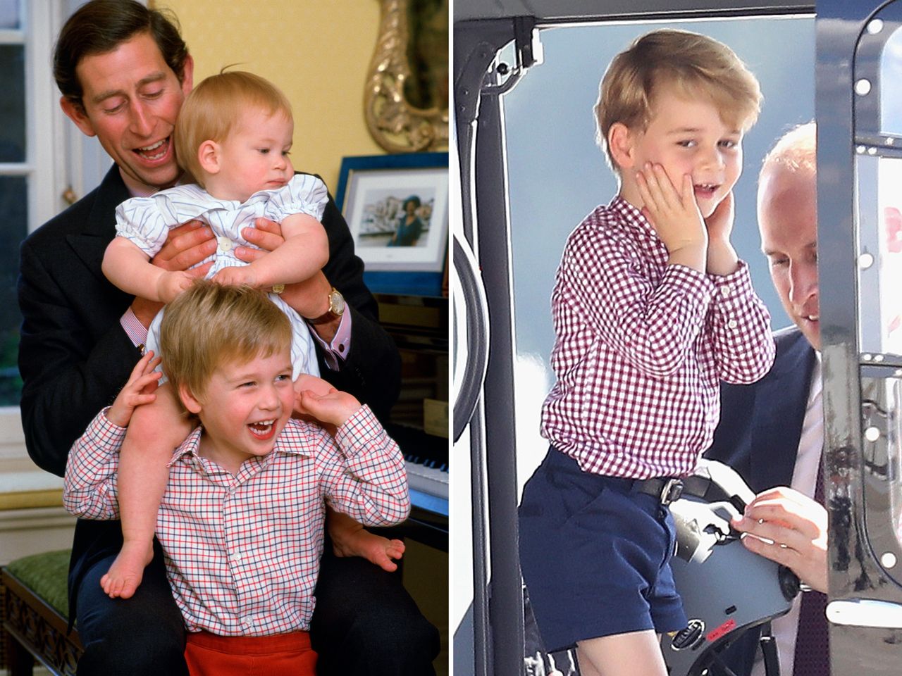 Sidebyside images left showing Charles Prince of Wales with Prince William and baby Prince George right showing Prince George with Prince William