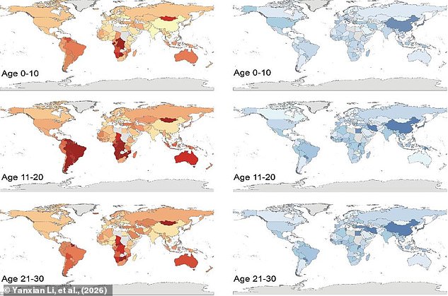 In many places, an increase in meat and dairy consumption produced more emissions (shown in red on left-hand map) but produced big improvements in nutrition (shown in blue on right-hand map)
