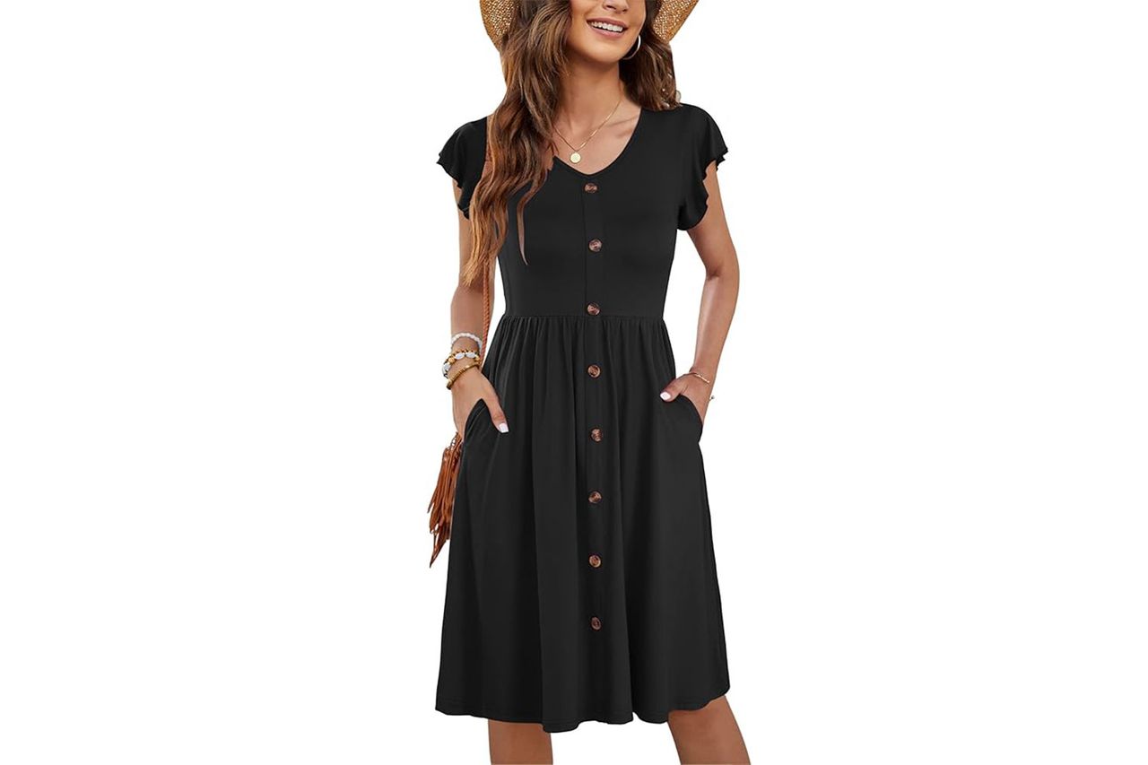 WNEEDU Summer Dresses for Women 2026 Casual Loose Cap Sleeve Sundress Swing Button Down Dress Beach Vacation Travel Outfit