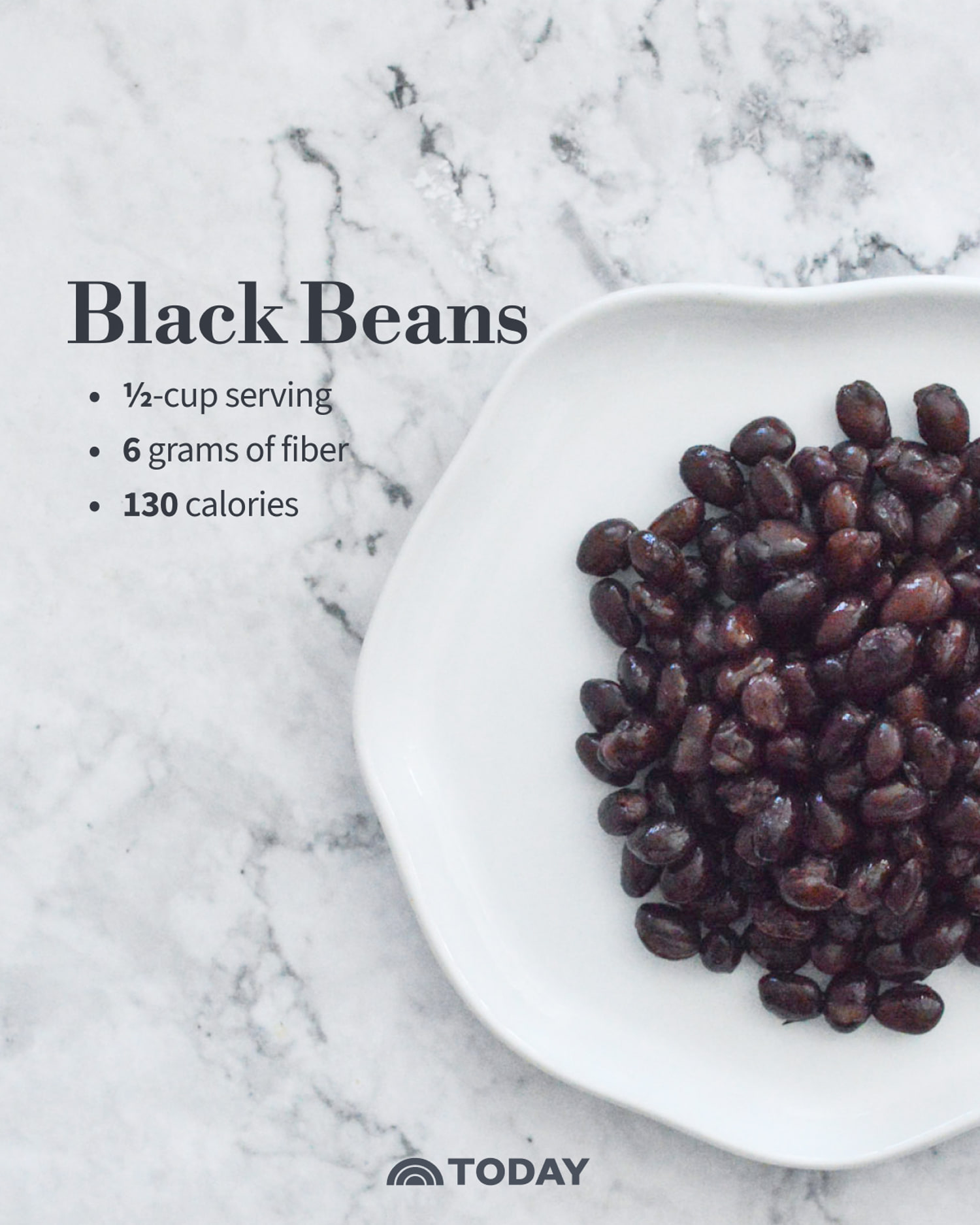 Black Beans One ½-cup serving: 6 grams fiber, 130 calories