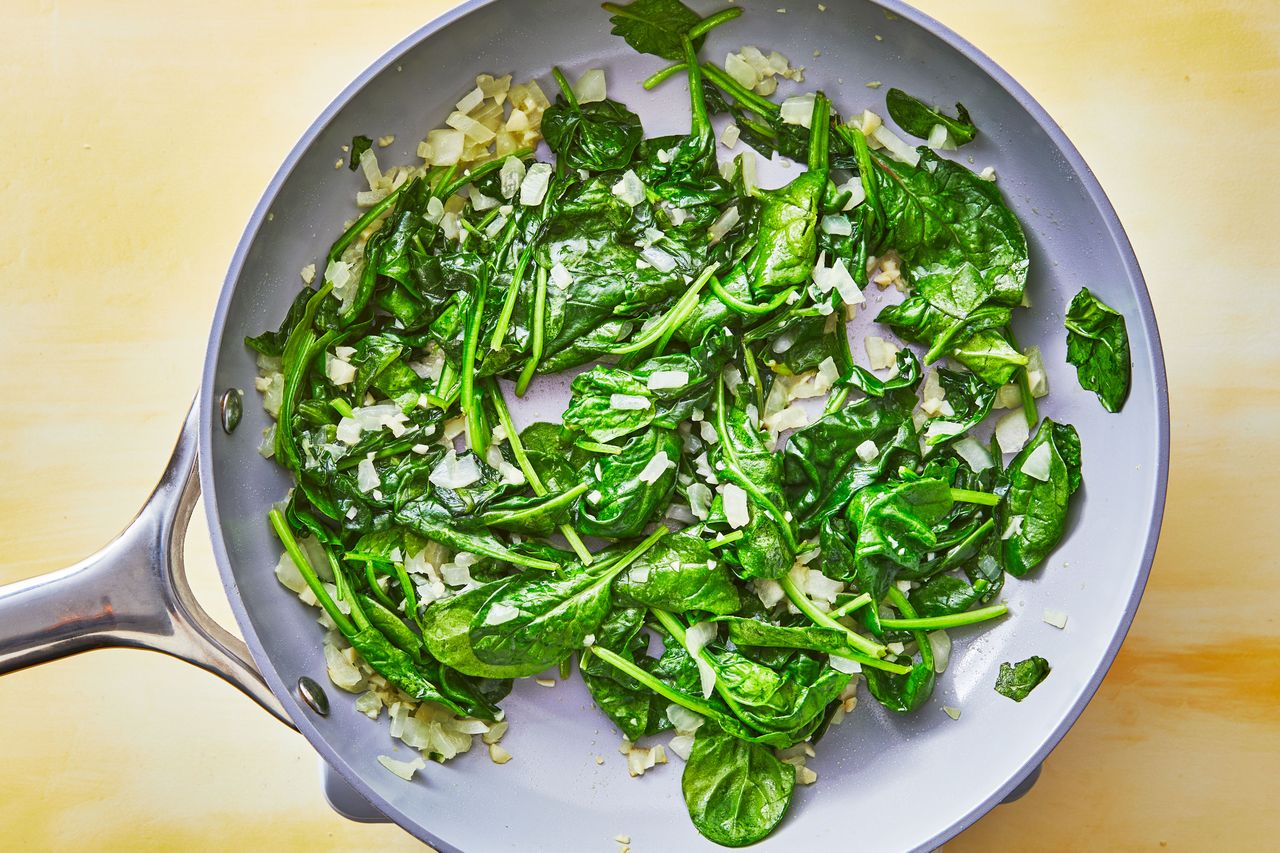 Southern Living Spinach Quiche after the spinach has wilted