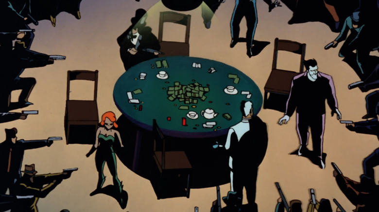 Four supervillains are stood around a poker table while they're surrounded by police wielding guns.