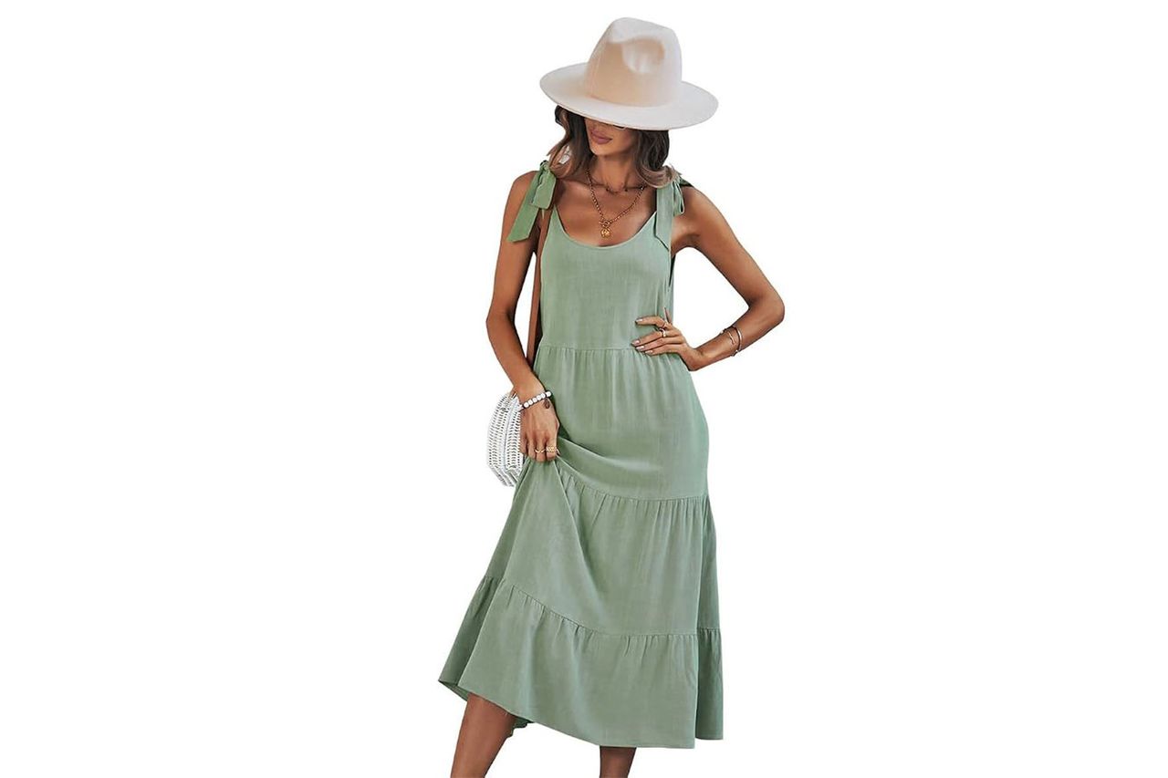 chouyatou Women's Summer Adjustable Spaghetti Strap Solid Ruffle Swing Midi Dress