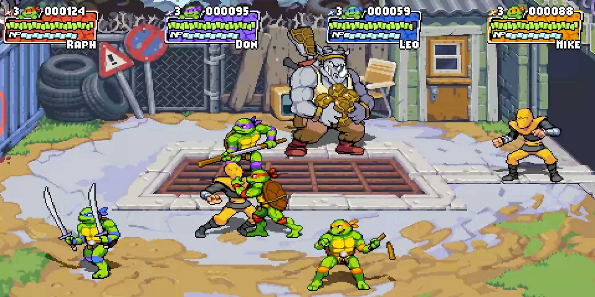 Teenage Mutant Ninja Turtles Shredder's Revenge gameplay with the turtles fighting off enemies.