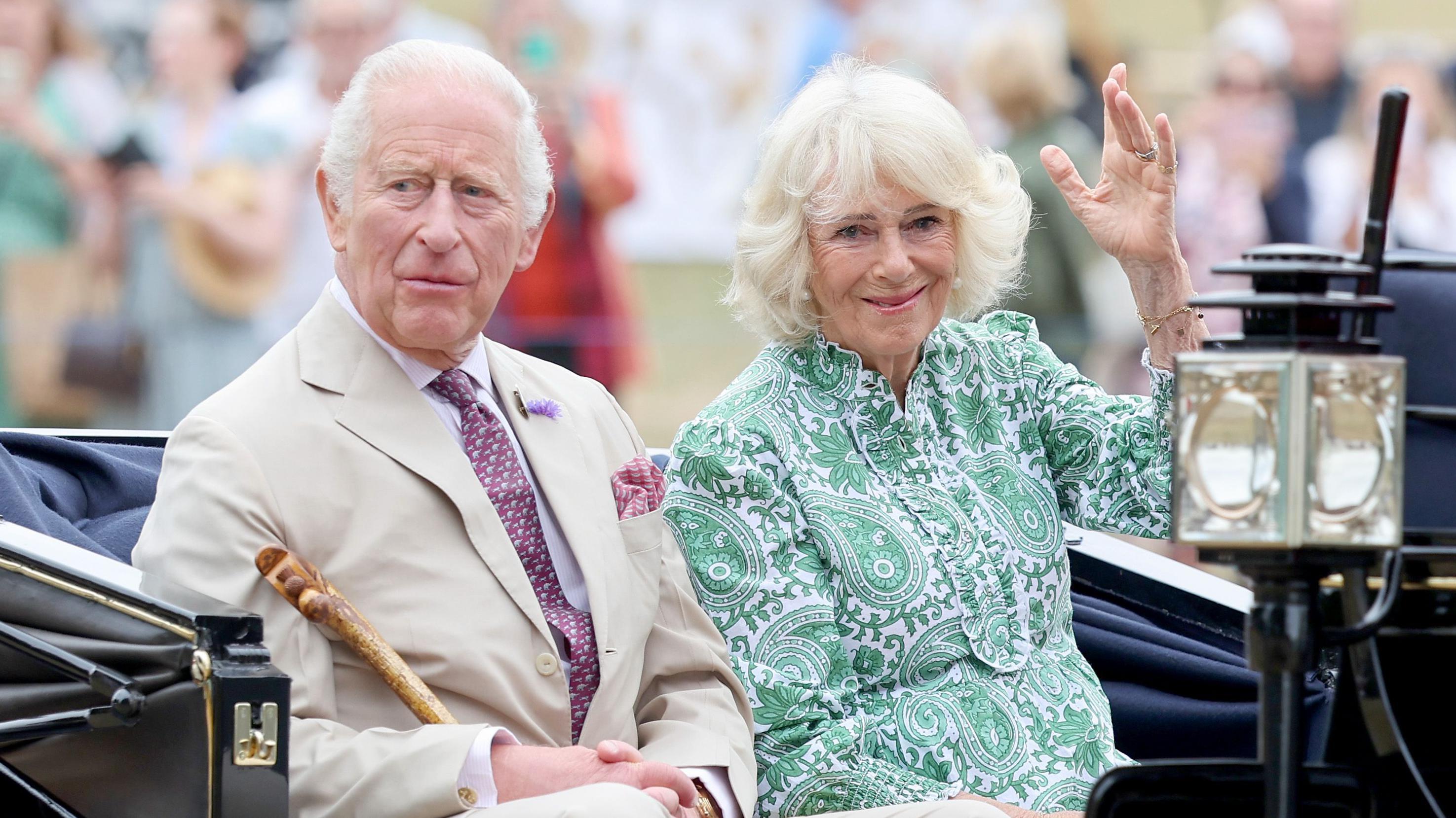 King Charles and Queen Camilla arrived by carriage for their visit to the RHS Sandringham Flower Show