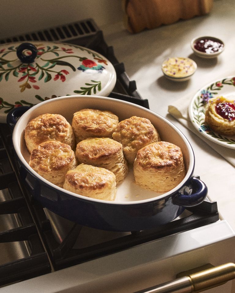Biscuits in a blue baker