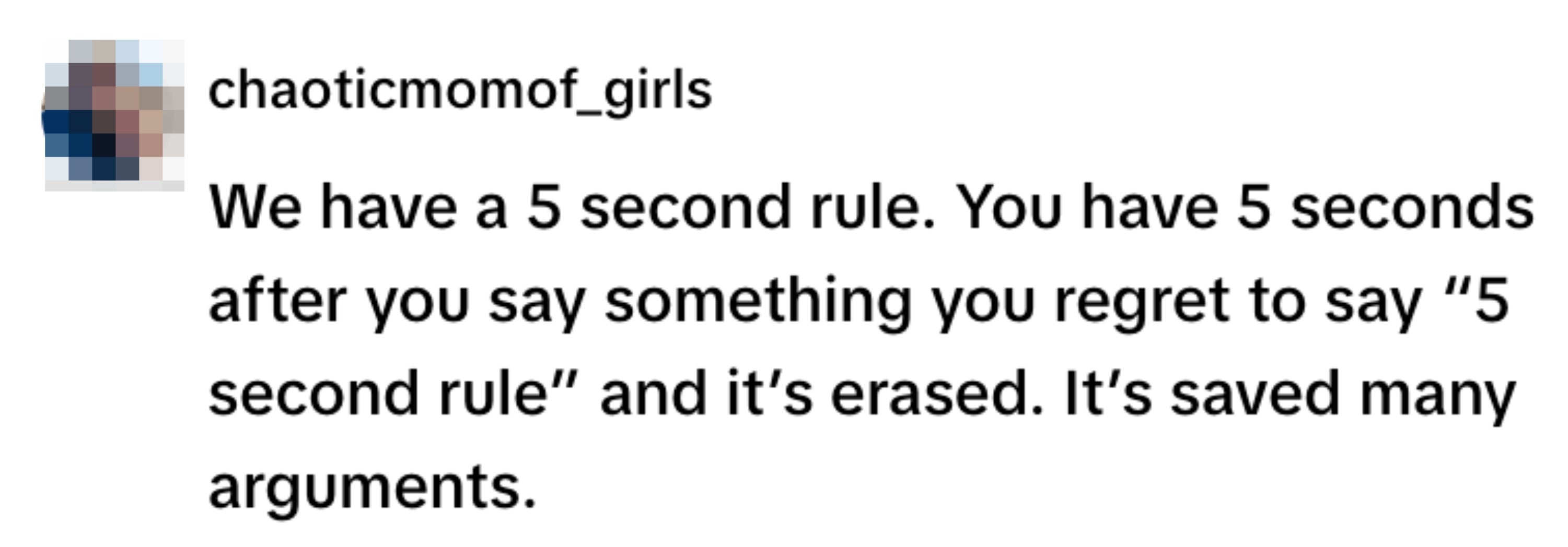 Image showing a humorous social media post about using a "5 second rule" to retract regrettable statements, claiming it prevents arguments