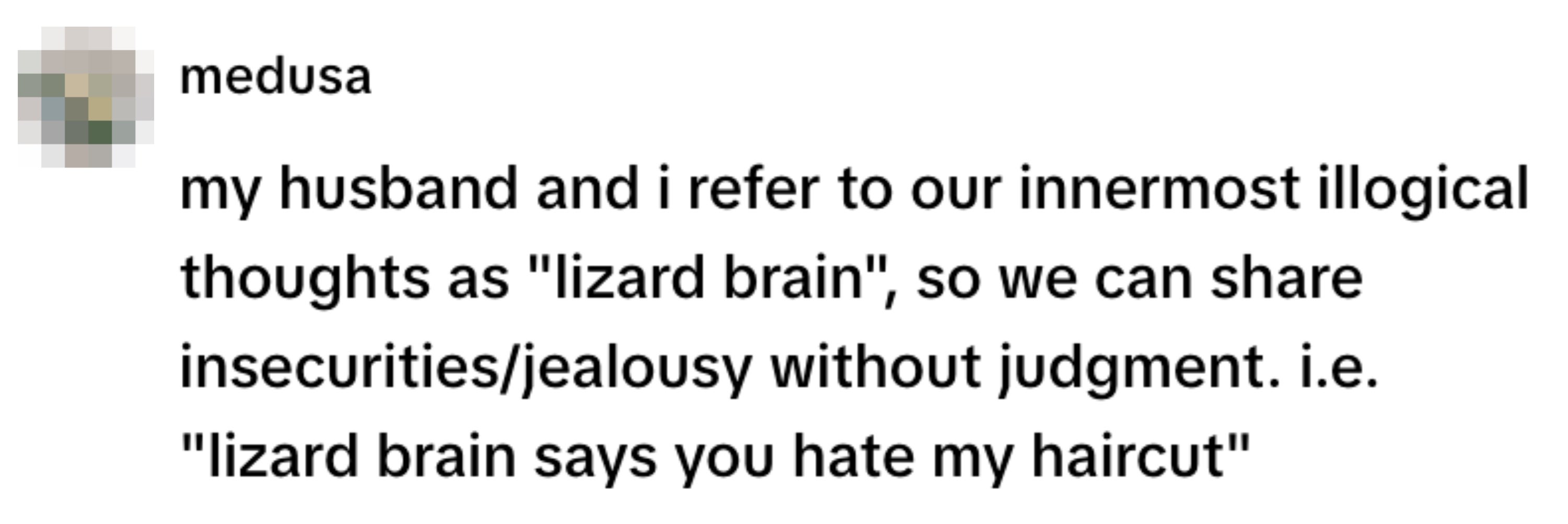 Text excerpt about using "lizard brain" to share illogical thoughts safely, like insecurities or jealousy, without judgment