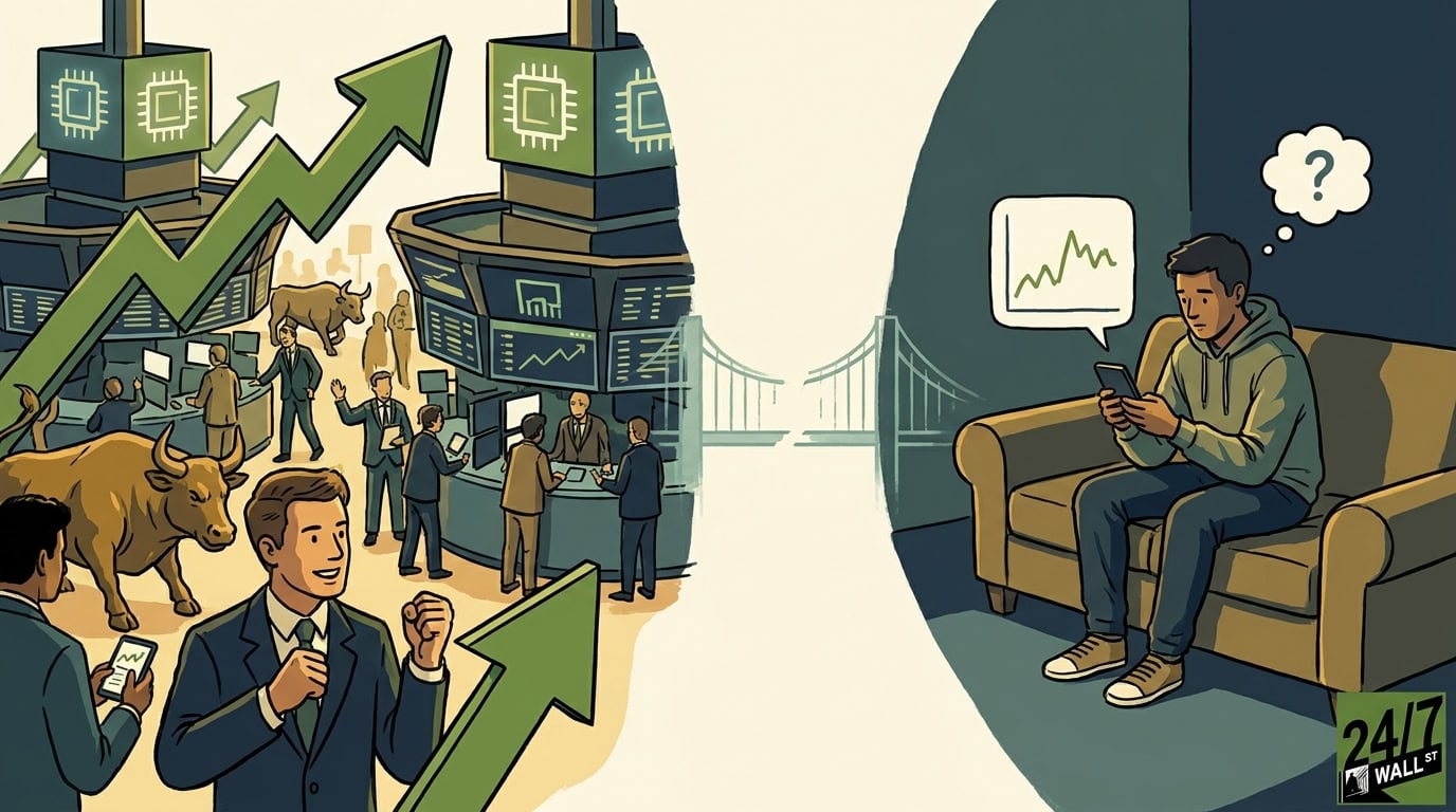 An illustration comparing a celebratory stock market floor with rising green arrows to a solitary man on a couch looking confused at a stock chart on his phone.