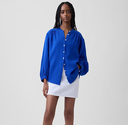 A sophisticated collarless button-down shirt
