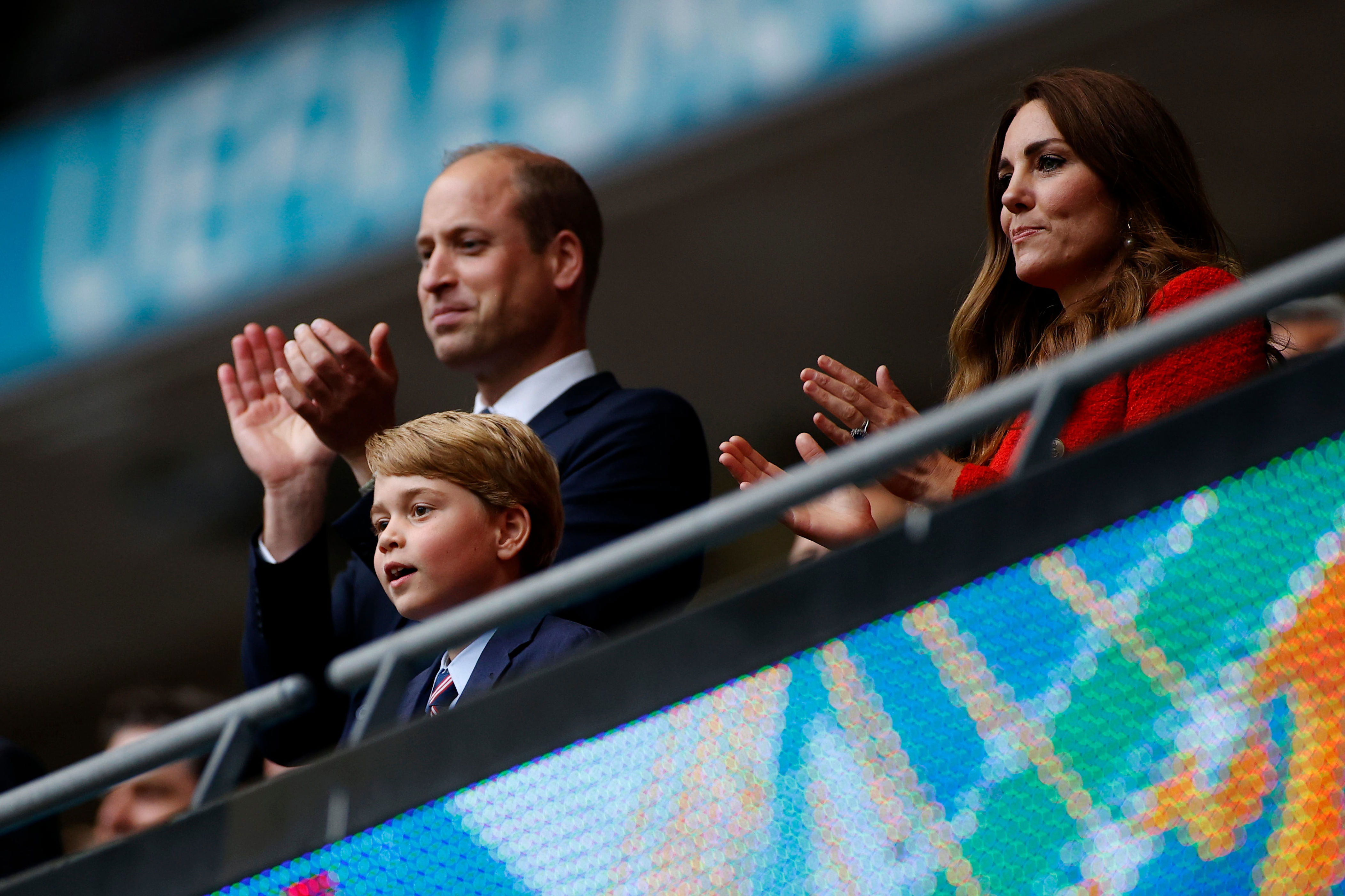 2021: Prince William, President of the Football Association, and his son, Prince George, along with Catherine, Duchess of Cambridge applaud after the UEFA Euro 2020 Championship Round of 16 match between England and Germany at Wembley Stadium on June 29, 2021, in London, England.