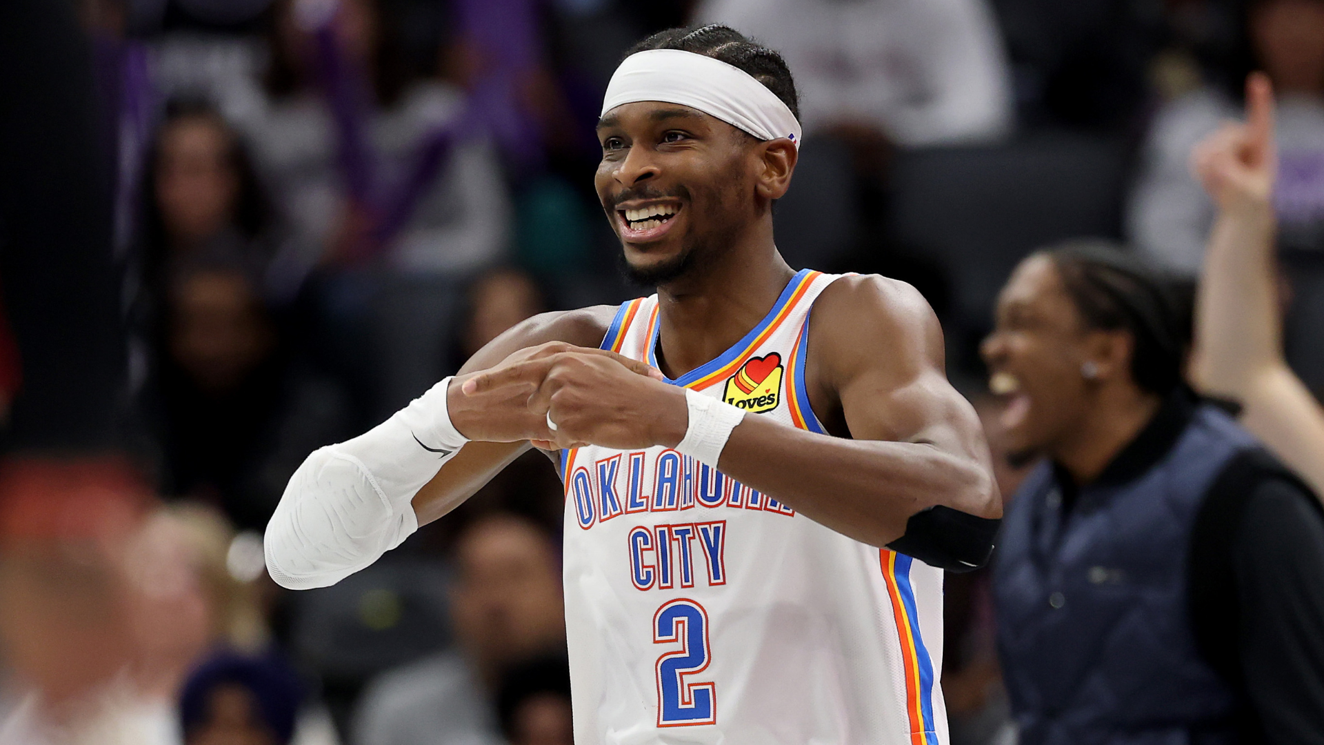 Shai Gilgeous-Alexander #2 of the Oklahoma City Thunder reacts during the second half of their game against the Sacramento Kings at Golden 1 Center on November 07, 2025 in Sacramento, California.