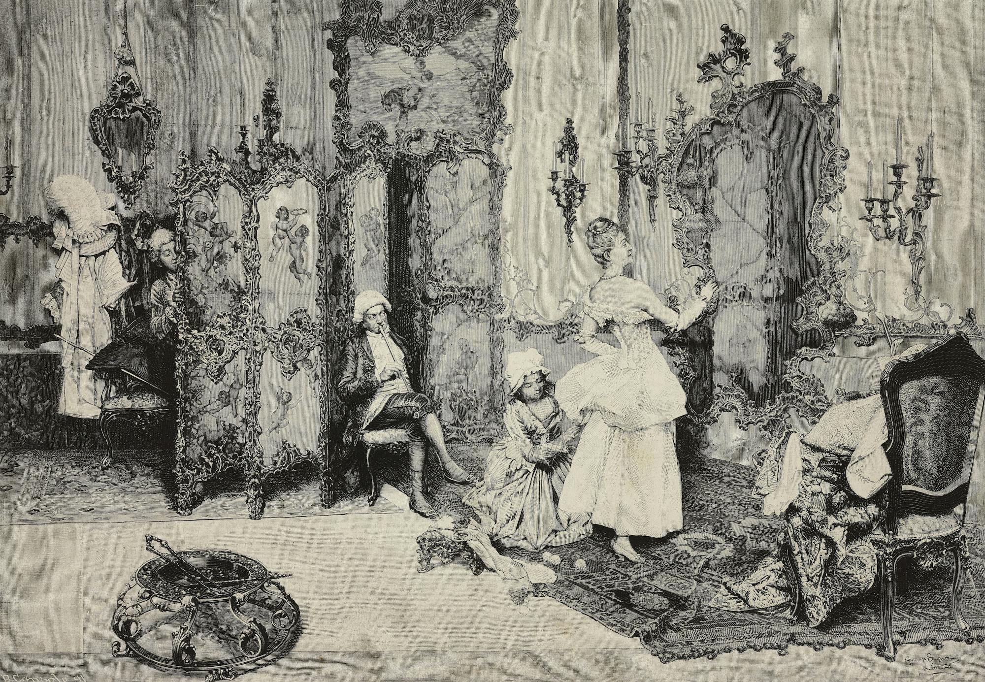 Very rich European women dressed in elaborate clothes they needed help putting on and getting fastened into.