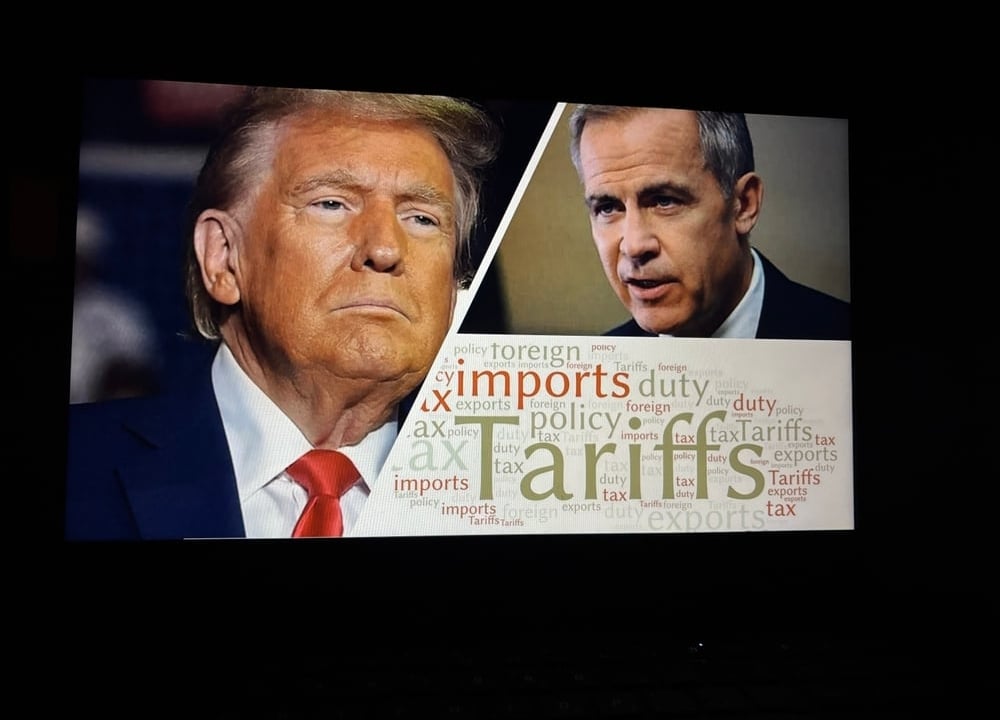 Toronto, Canada - March 9, 2025 - Image of Donald Trump and Mark Carney the new Canadian prime minister