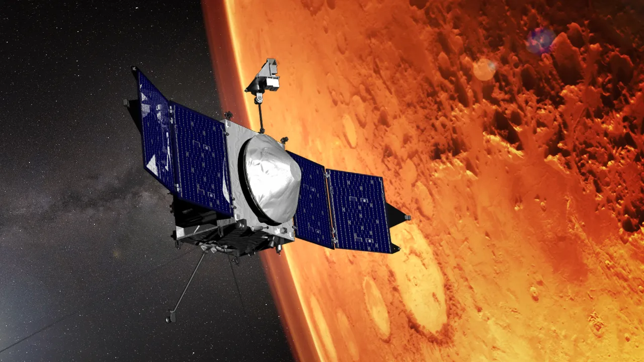 Illustration of the MAVEN spacecraft and the limb of Mars. (CREDIT: NASA’s Goddard Space Flight Center)