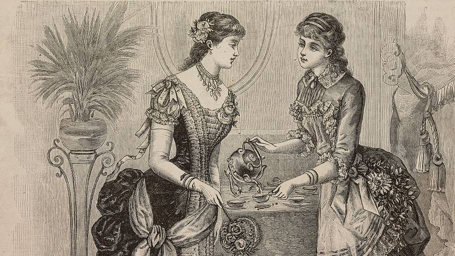Ladies having tea in dinner dress