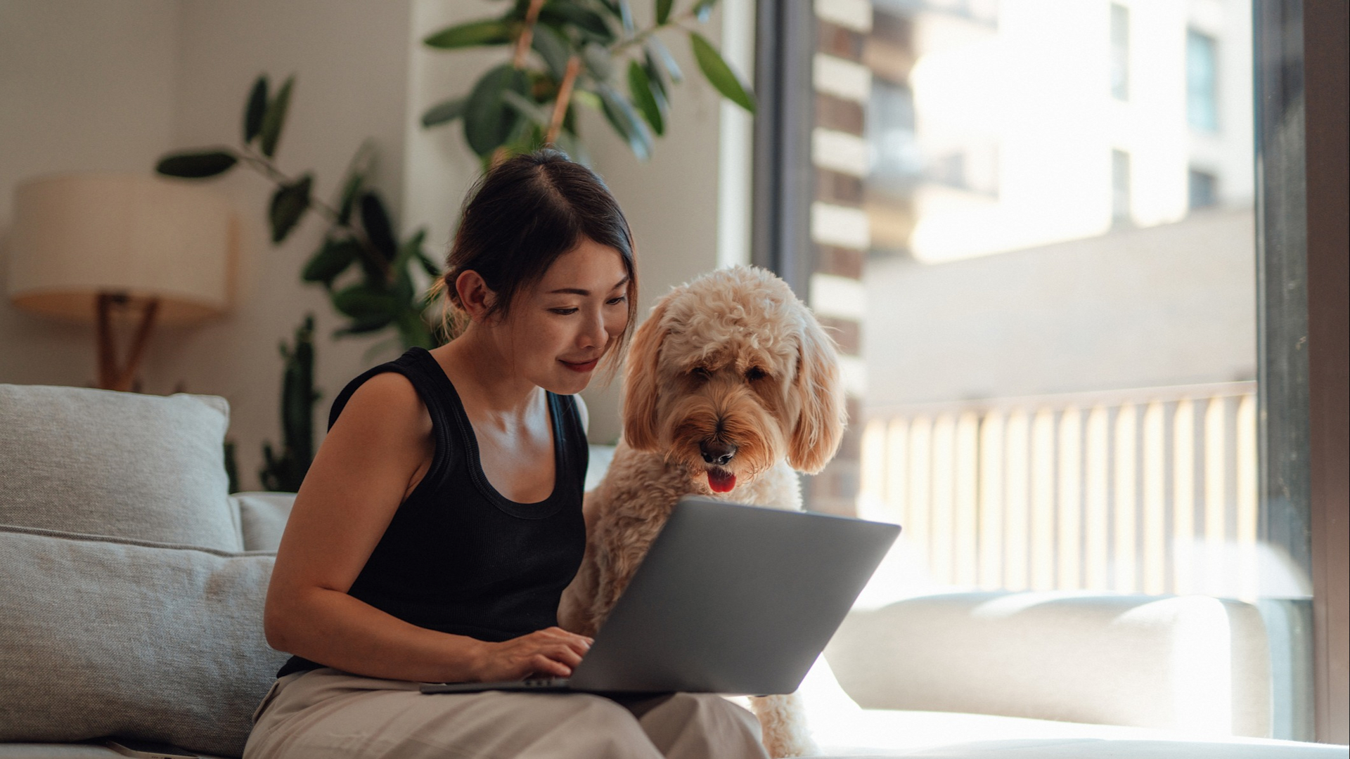 Discover a young woman and her fluffy dog doing very important financial stuff on her laptop