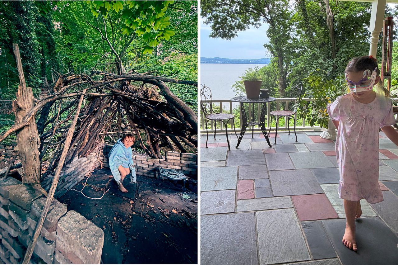 Children engaged in different outdoor activities left playing near a rustic shelter and right walking on a porch with a scenic backdrop