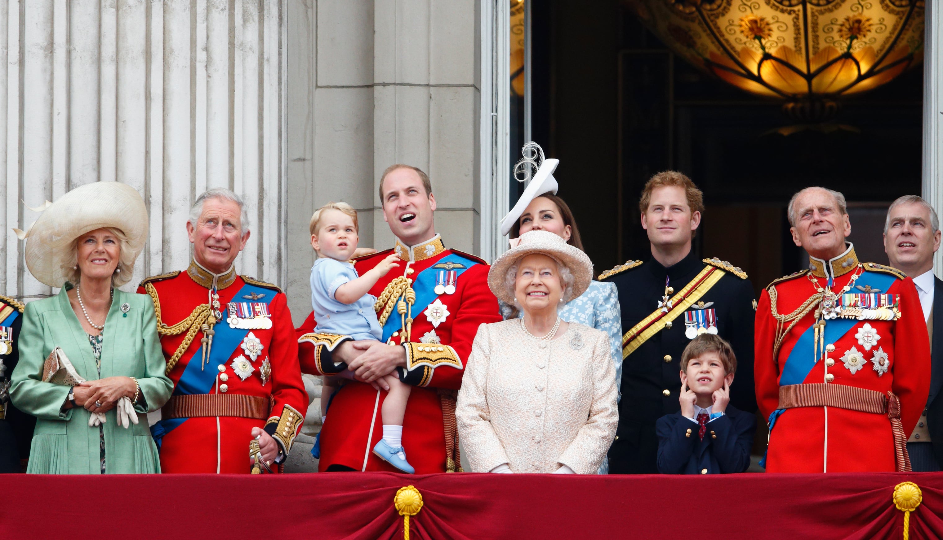 2015: Camilla, Duchess of Cornwall, Prince Charles, Prince of Wales, Prince William, Duke of Cambridge, Prince George of Cambridge, Catherine, Duchess of Cambridge, Queen Elizabeth II, Prince Harry, James, Viscount Severn and Prince Philip, Duke of Edinburgh stand on the balcony of Buckingham Palace during Trooping the Colour on June 13, 2015, in London, England.