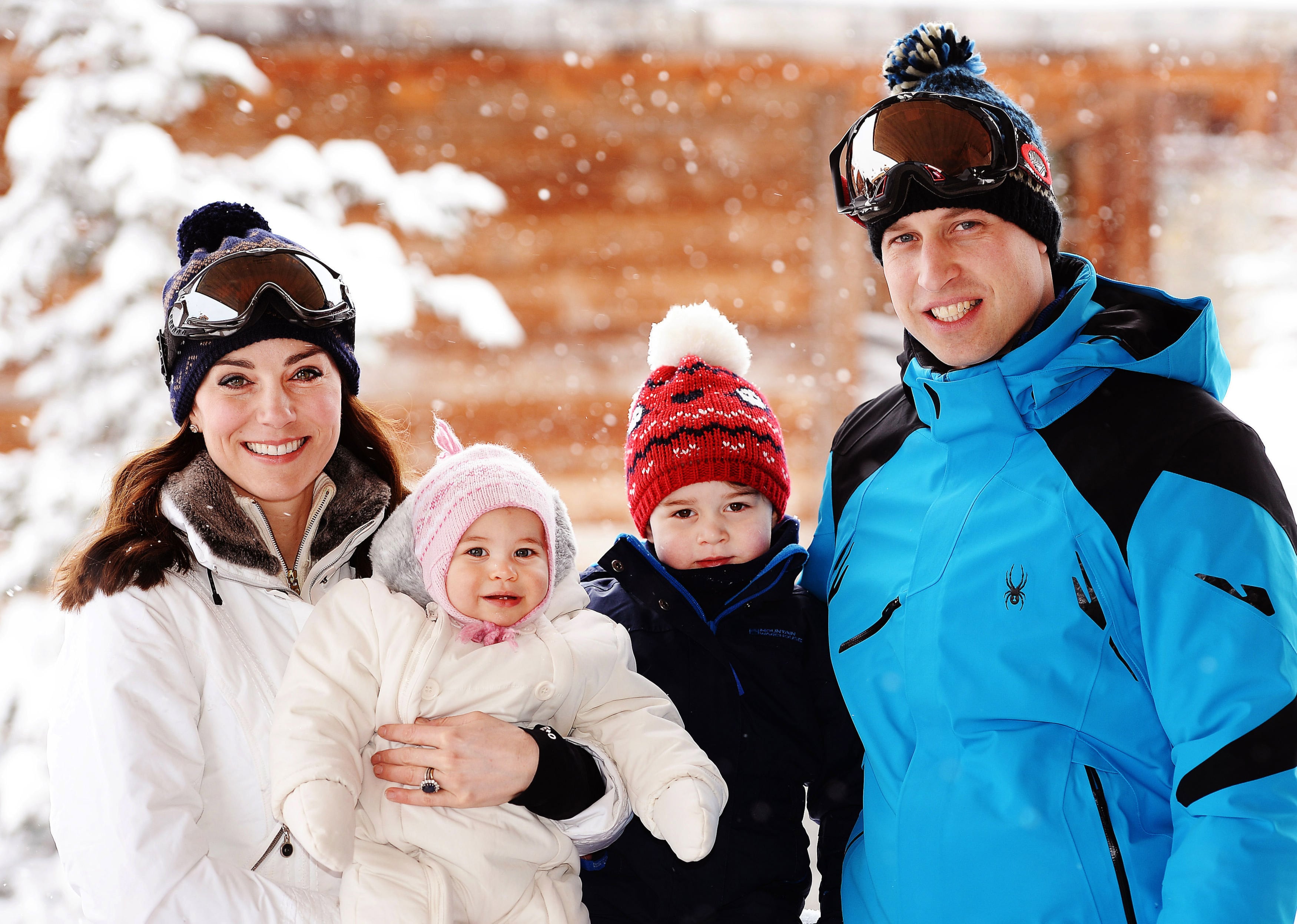 2016: Catherine, Duchess of Cambridge and Prince William, Duke of Cambridge, with their children, Princess Charlotte and Prince George, enjoy a short private skiing break on March 3, 2016, in the French Alps, France.