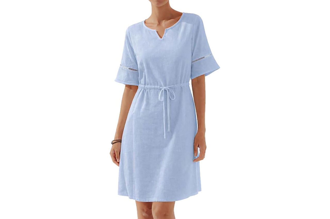 HICERRY Summer Dresses for Women Linen Casual Mini Short Sleeve Flowy Drawstring Waist Dress with Pockets 2026 Vacation