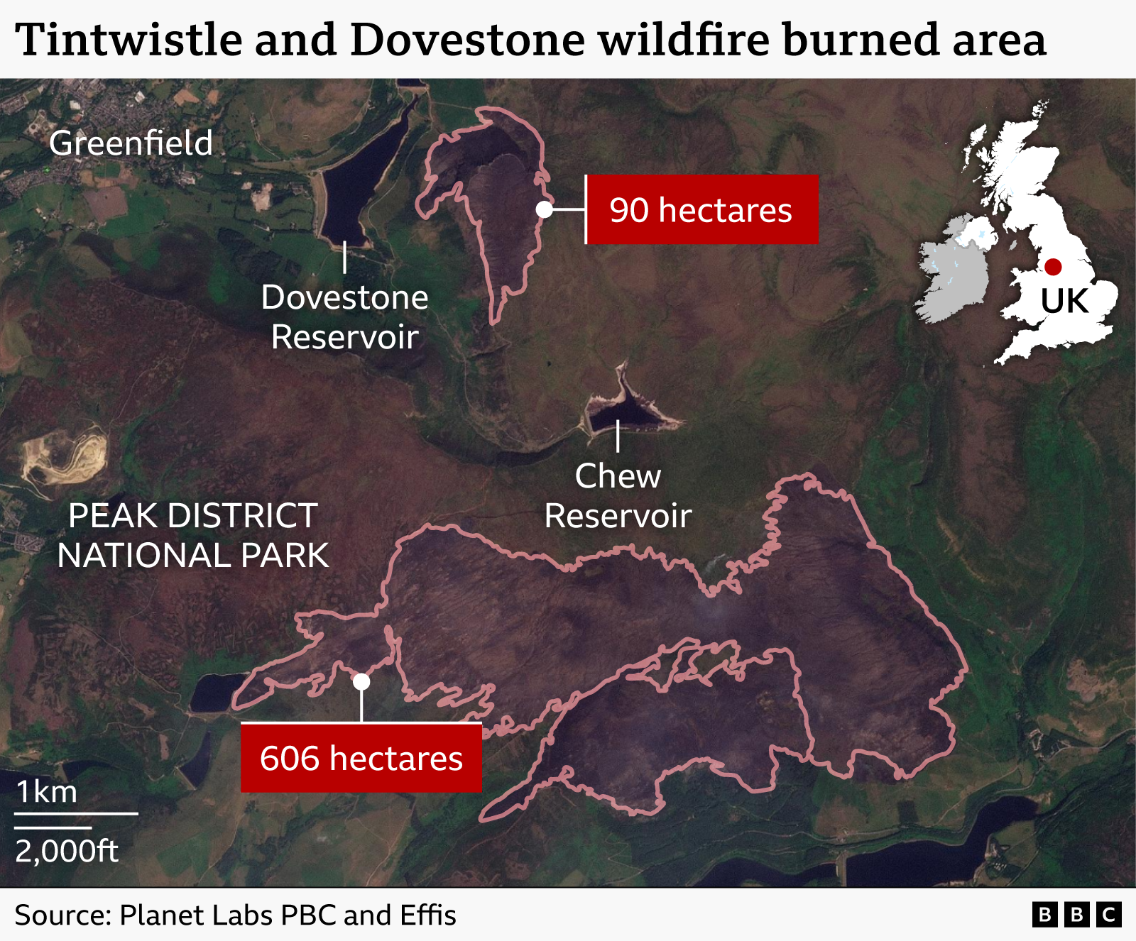 Analysis of data from the European Forest Fire Information System (Effis) by BBC Verify estimates the fire at Tintwistle has burned 606 hectares