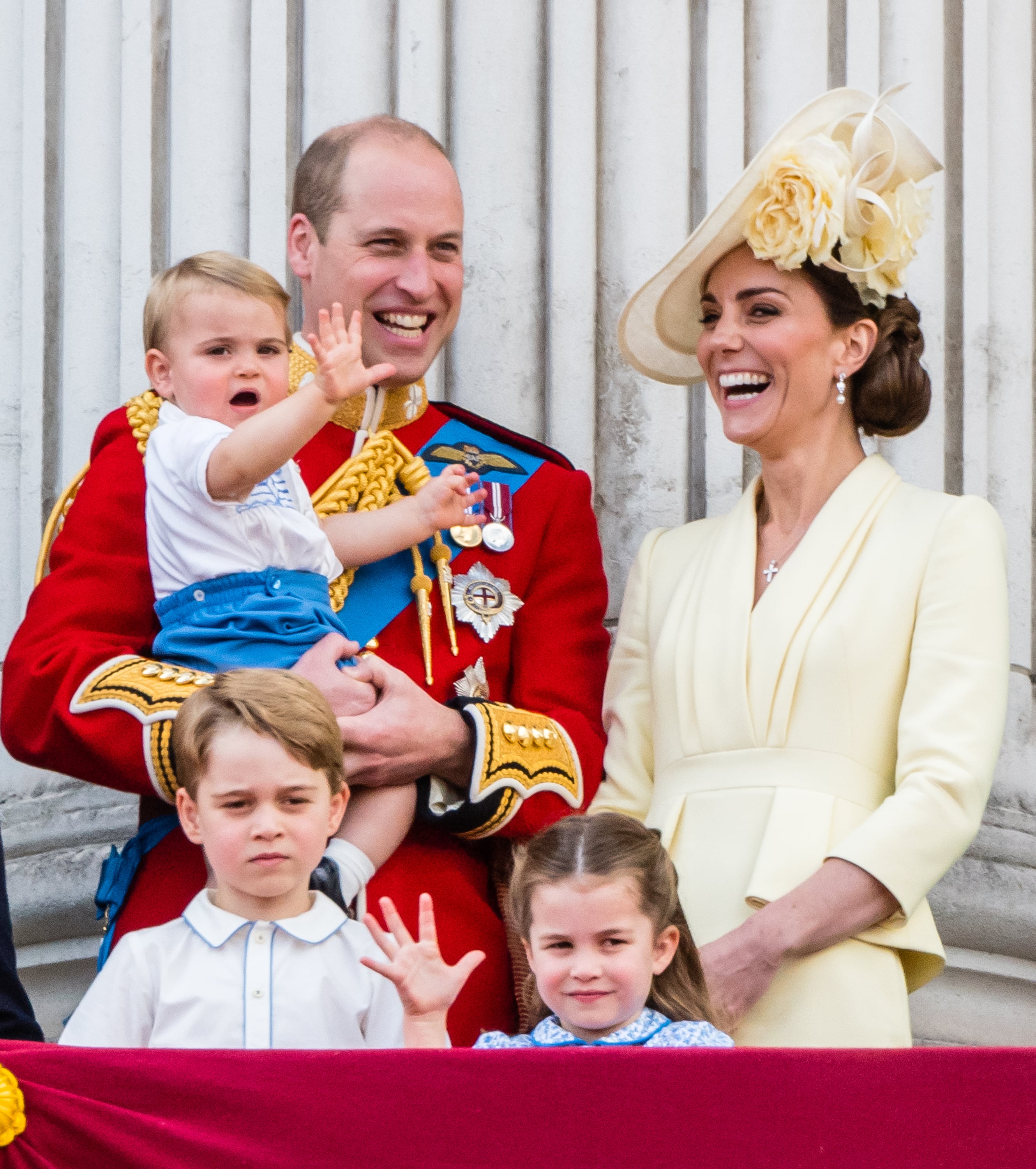 2019: Prince Louis, Prince George, Prince William, Duke of Cambridge, Princess Charlotte and Catherine, Duchess of Cambridge appear on the balcony during Trooping The Colour, the Queen's annual birthday parade, on June 8, 2019, in London, England.