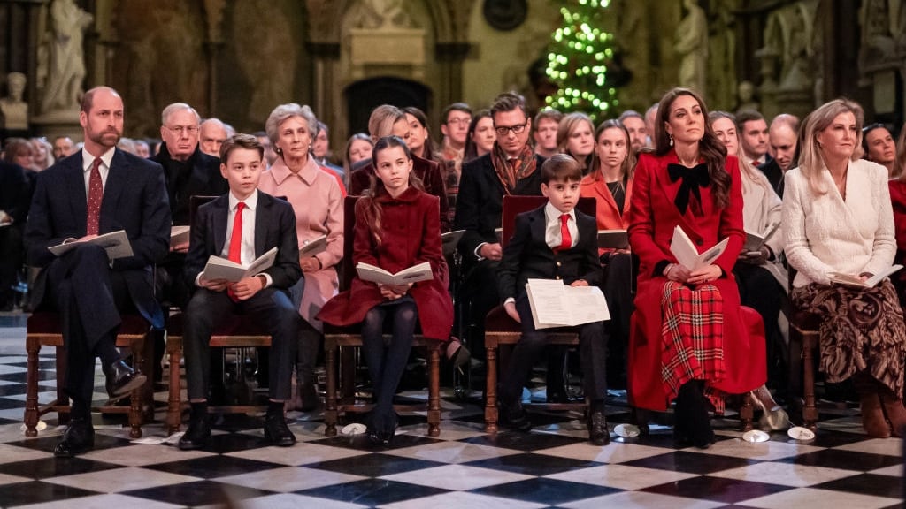 2024: (L-R) Prince William, Prince of Wales, Prince George, Princess Charlotte, Prince Louis, Catherine, Princess of Wales, and Sophie, Duchess of Edinburgh during the Together At Christmas carol service at Westminster Abbey on December 6, 2024, in London, England. The Prince and Princess of Wales, along with other members of the Royal Family, attended the annual carol service. Led by The Princess and supported by The Royal Foundation, the event offered a chance to pause and reflect on the profound values of love, compassion, and the vital connections we share—particularly during life's most challenging moments. The service also highlighted remarkable individuals from across the UK who have demonstrated extraordinary kindness, empathy, and support within their communities. (Photo by Aaron Chown - WPA Pool/Getty Images)