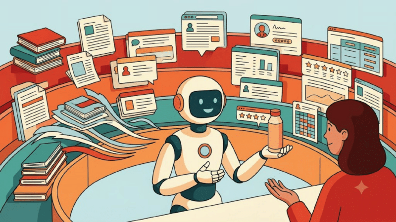 a friendly AI shopping assistant confidently presenting a single, unbranded product to a customer in the foreground. Behind the AI is a layered arena where dozens of information sources compete for influence.