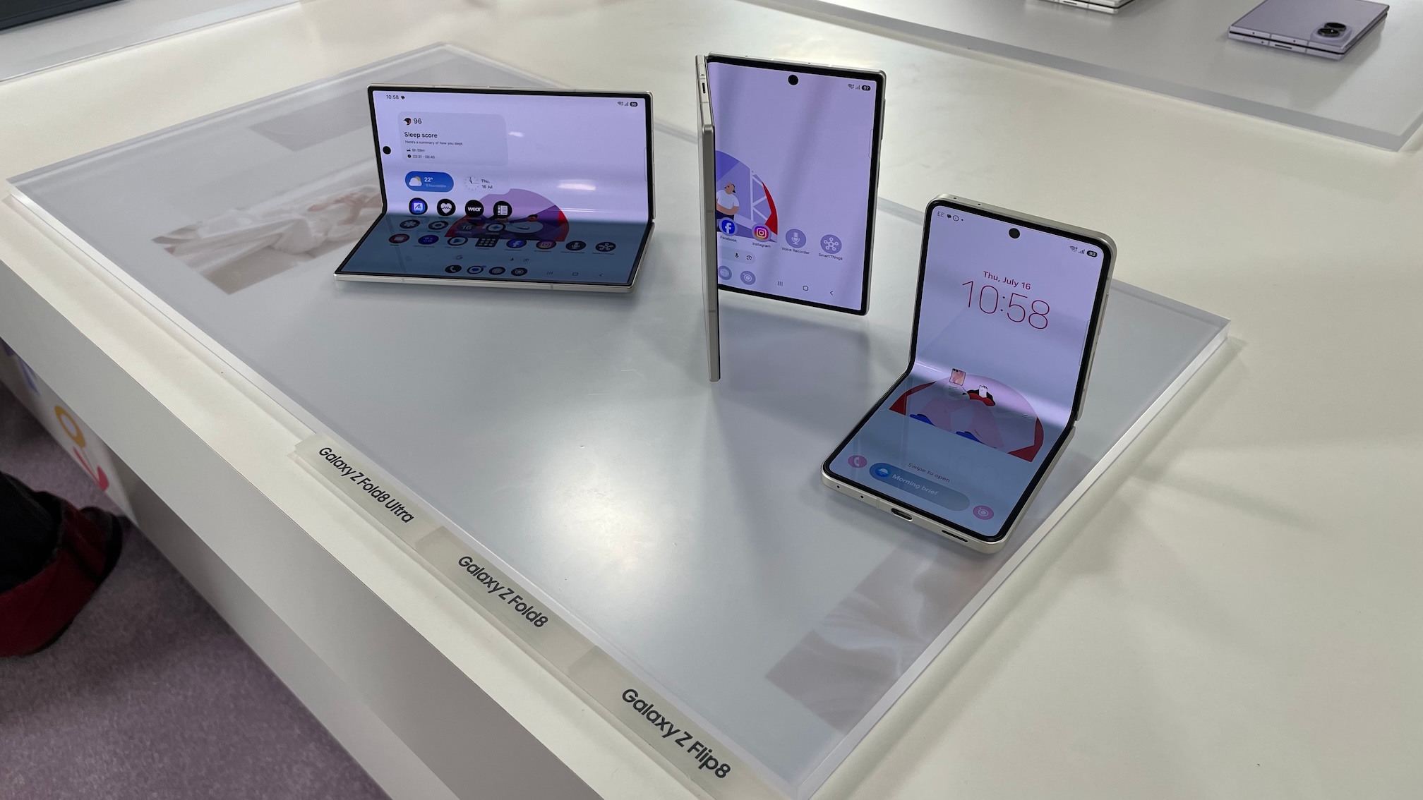 The Samsung Galaxy Z Fold8 Ultra, Z Fold8 and Z Flip8 on show at the press launch.
