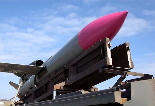 A Ukrainian long-range 'Flamingo' cruise missile, with its distinctive bright pink tip, sits on its launcher