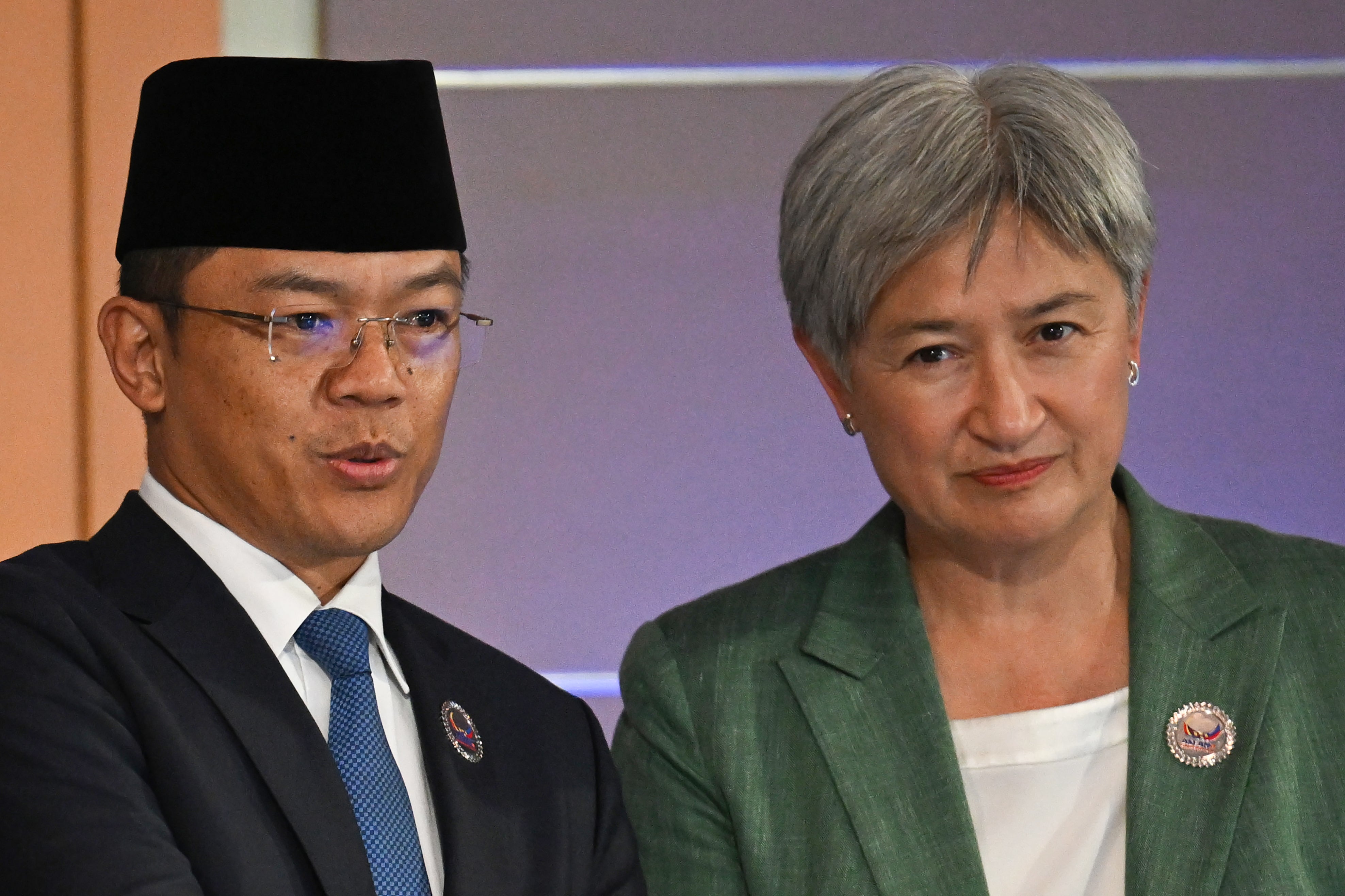 Australia foreign minister Penny Wong with Indonesia’s Sugiono at the Asean meeting in Manila (Getty)
