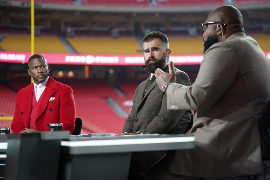 Oct 27, 2025; Kansas City, Missouri, USA; Monday Night Countdown broadcasters Ryan Clark, Jason Kelce and Marcus Spears are seen on set prior to the game between the Kansas City Chiefs and the Washington Commanders at GEHA Field at Arrowhead Stadium. Mandatory Credit: Denny Medley-Imagn Images