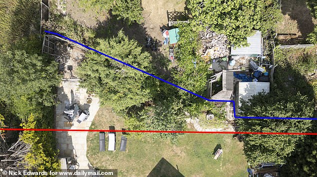 Foulla Bowler, 61, and her siblings and co-owners John Barberis, 63, and Mary Englishby, 59, launched a claim to land owned by the McCarthys (Pictured: Blue line shows the existing boundary, red line shows what the siblings claimed the boundary should be)