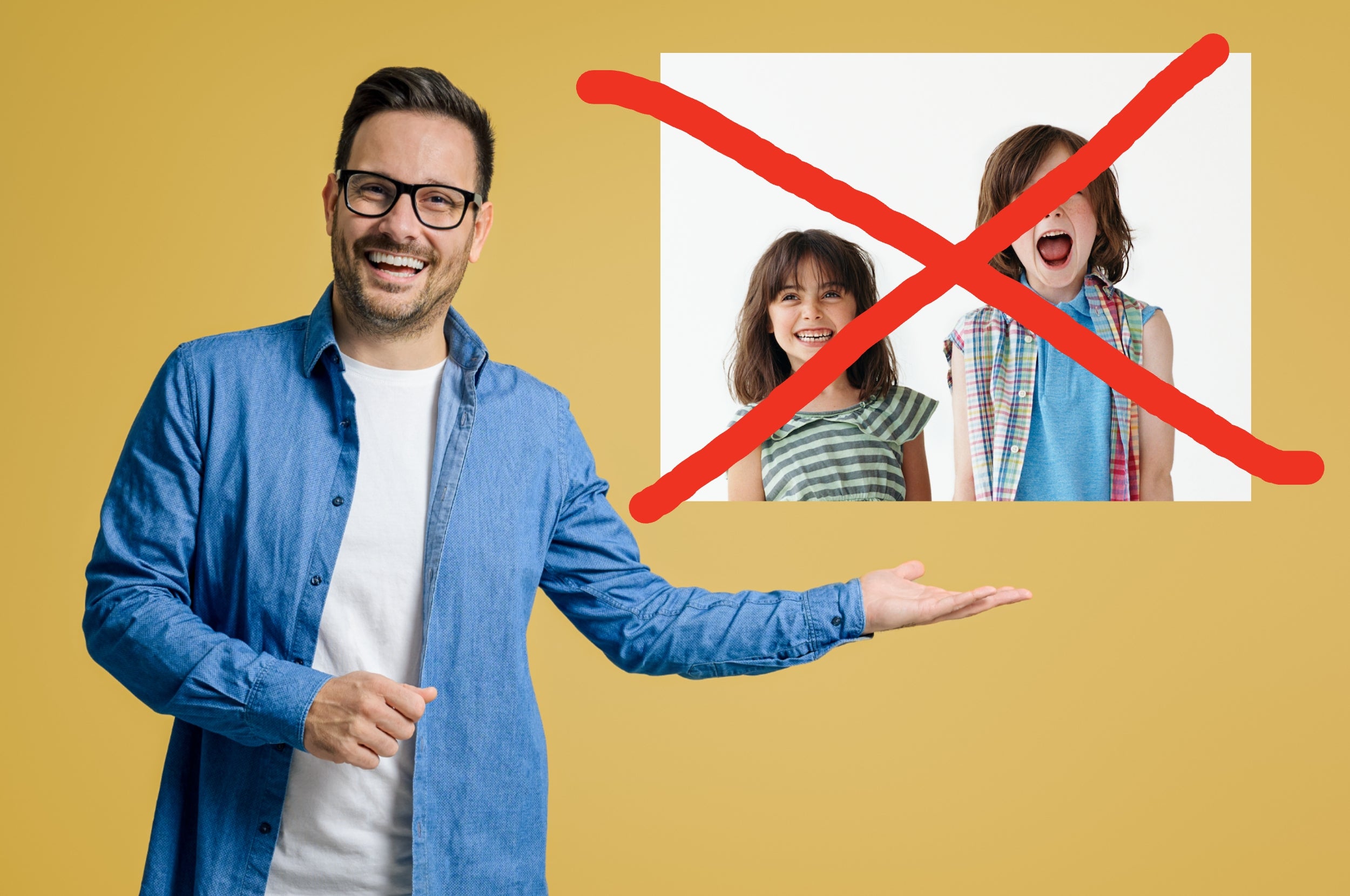 A man presents a photo of two smiling children with a red X drawn over it