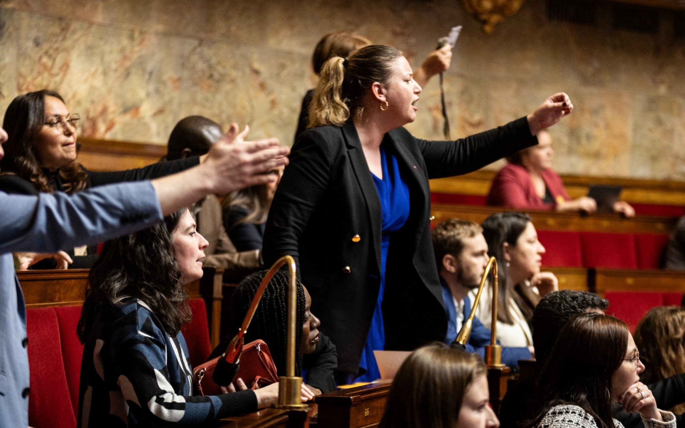 MP deputies of France Unbowed react to François-Noël Buffet's answer to a question during the national assembly in March