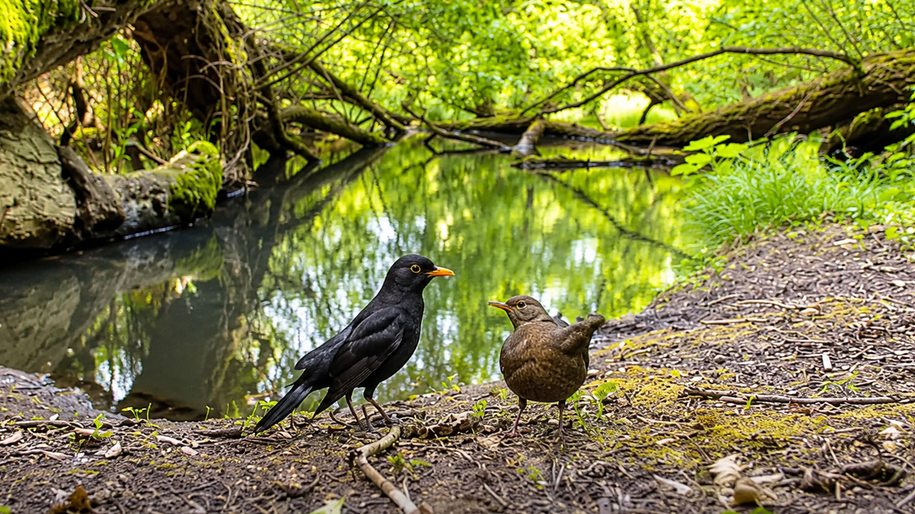 Creekside bird activity captured by a wildlife camera