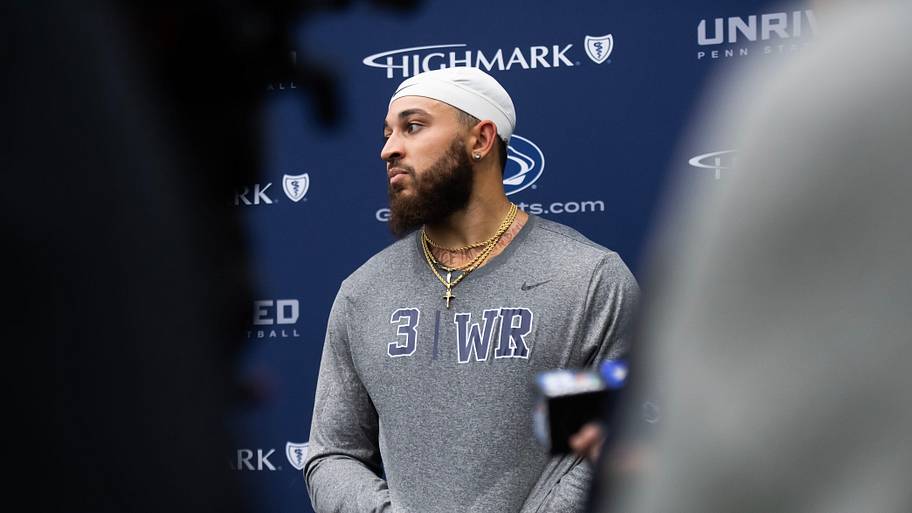 Former Penn State Nittany Lions football player Julian Fleming talks to the media during Penn State's 2025 Pro Day.