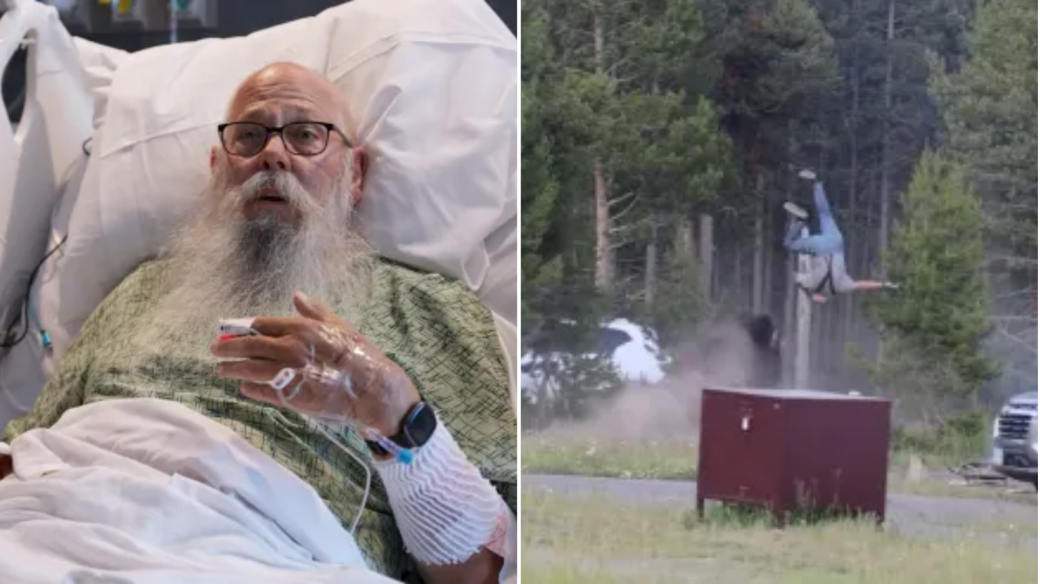 Carl in a hospital bed alongside an image of him flying through the air during the attack