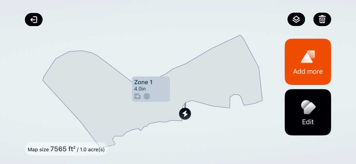 The X430’s auto-mapping produced a 7,565-square-foot map of my test lawn, which I kept as a single zone.